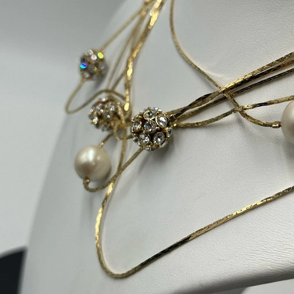 Kate Spade NY Gold Plated Triple Strand Faux Pearl Pave Beads Long Necklace